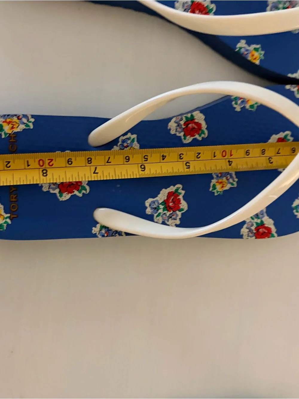 Tory Burch Blue Floral Flip Flops with Cream Straps and Gold Logo